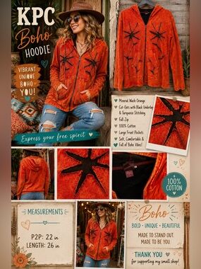 KPC Boho Full Zip Hoodie - Orange Mineral Wash w/BLk Floral and Turq stitch‎ XL